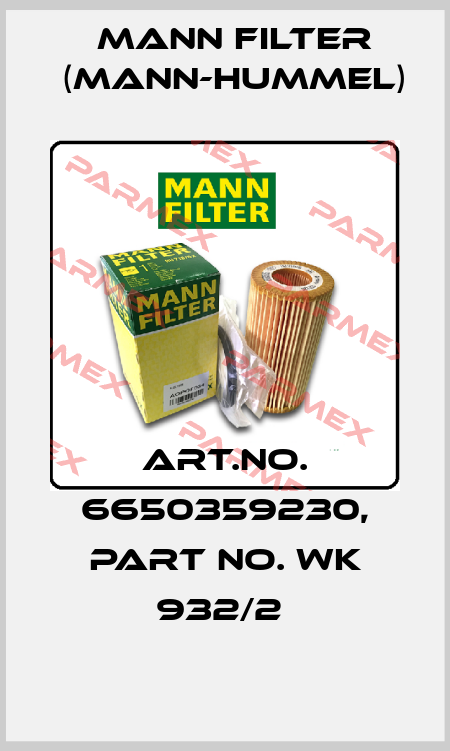 Art.No. 6650359230, Part No. WK 932/2  Mann Filter (Mann-Hummel)
