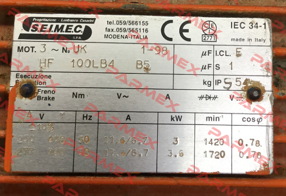 HF100LB4 B5 Obsolete! Replaced by HB3 112MA 4 230.400-50 B5  Seimec (Rossi)