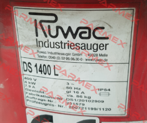 top cover for Ds 1400 L  Ruwac