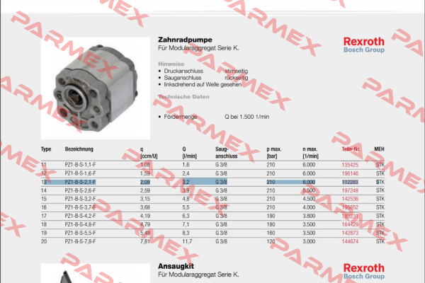 PZ1-B-S-2,1-F obsolete,alternative BR1 (2,00 ccm/U) Rexroth