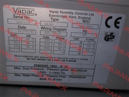 tank for WL60 Vapac