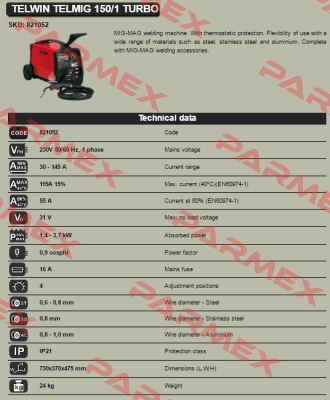 Art. Nr.821052, type  TELMIG 150/1 TURBO  Telwin